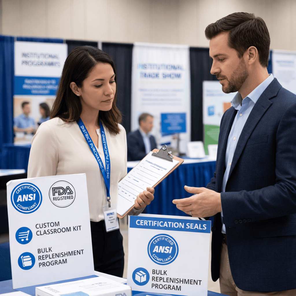 Procurement officer evaluating an emergency kit supplier's certifications, custom options, and bulk replenishment programs.